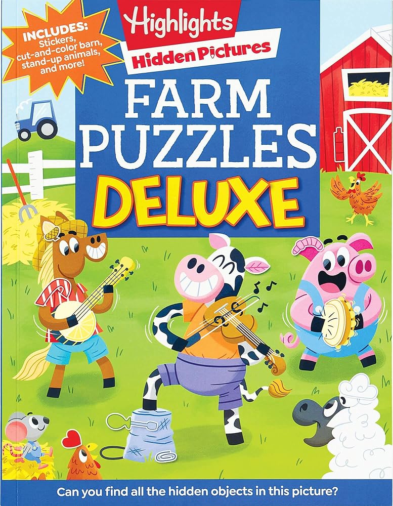 Farm Puzzles Deluxe: Farm Puzzle Book for Kids Featuring Cows, Chickens & More with Over 1,200 Objects to Seek and Find for Kids 6 and Up (Highlights Hidden Pictures) cover image