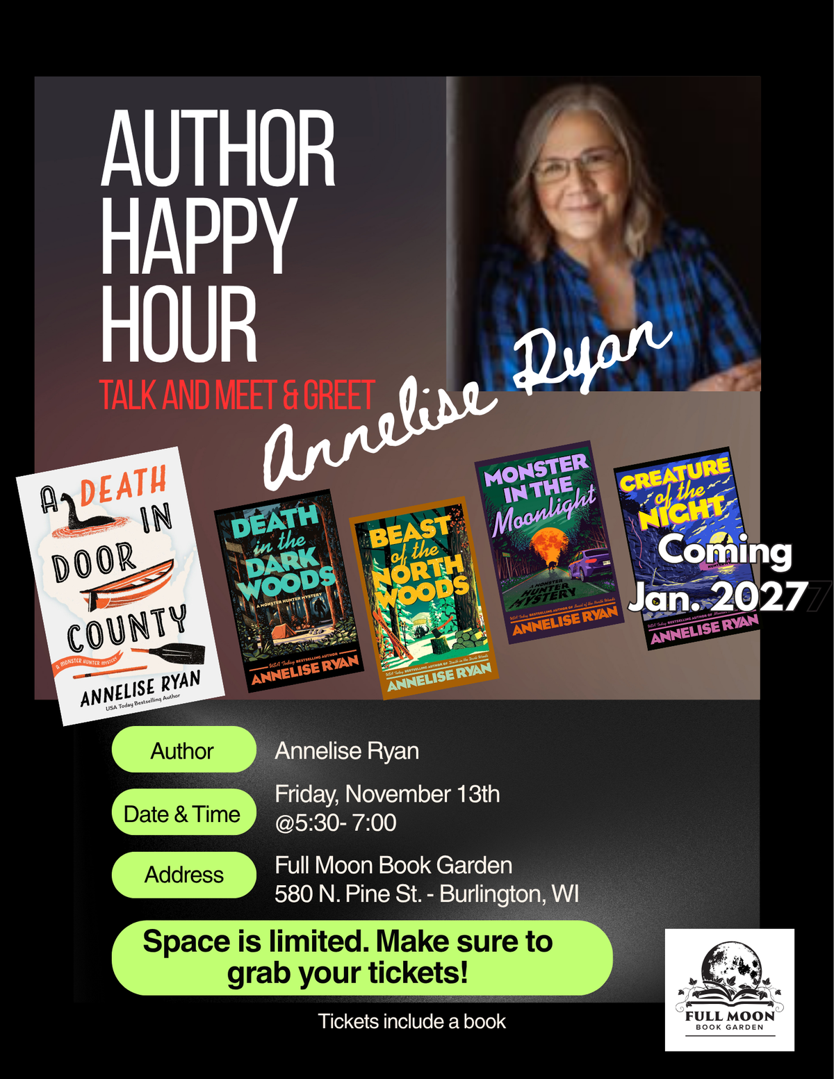 Author Happy Hour: Local Author Annelise Ryan at Full Moon Book Garden [Nov. 13th]